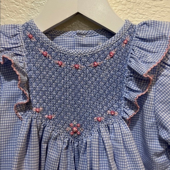 Petit Ami smocked long sleeve dress size 18M blue/white with pink rosettes - Picture 2 of 5